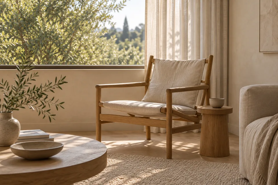 Detail of the oak reading chair and linen beside the window