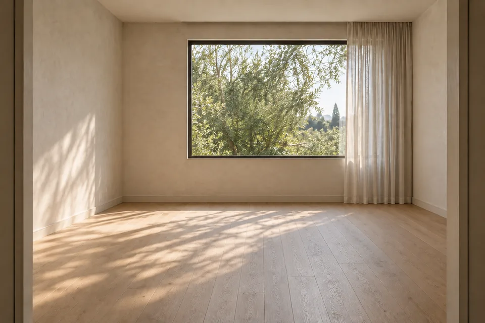 The same room before furnishing, with the existing oak floor and window retained